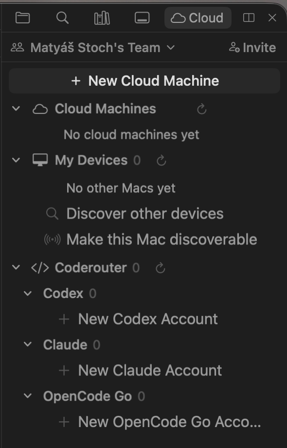 cmux Cloud tab with Cloud Machines and CodeRouter accounts