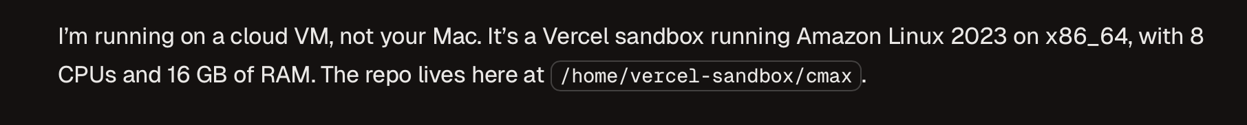 The Conductor agent reporting a Vercel sandbox with 8 CPUs and 16 GB of RAM