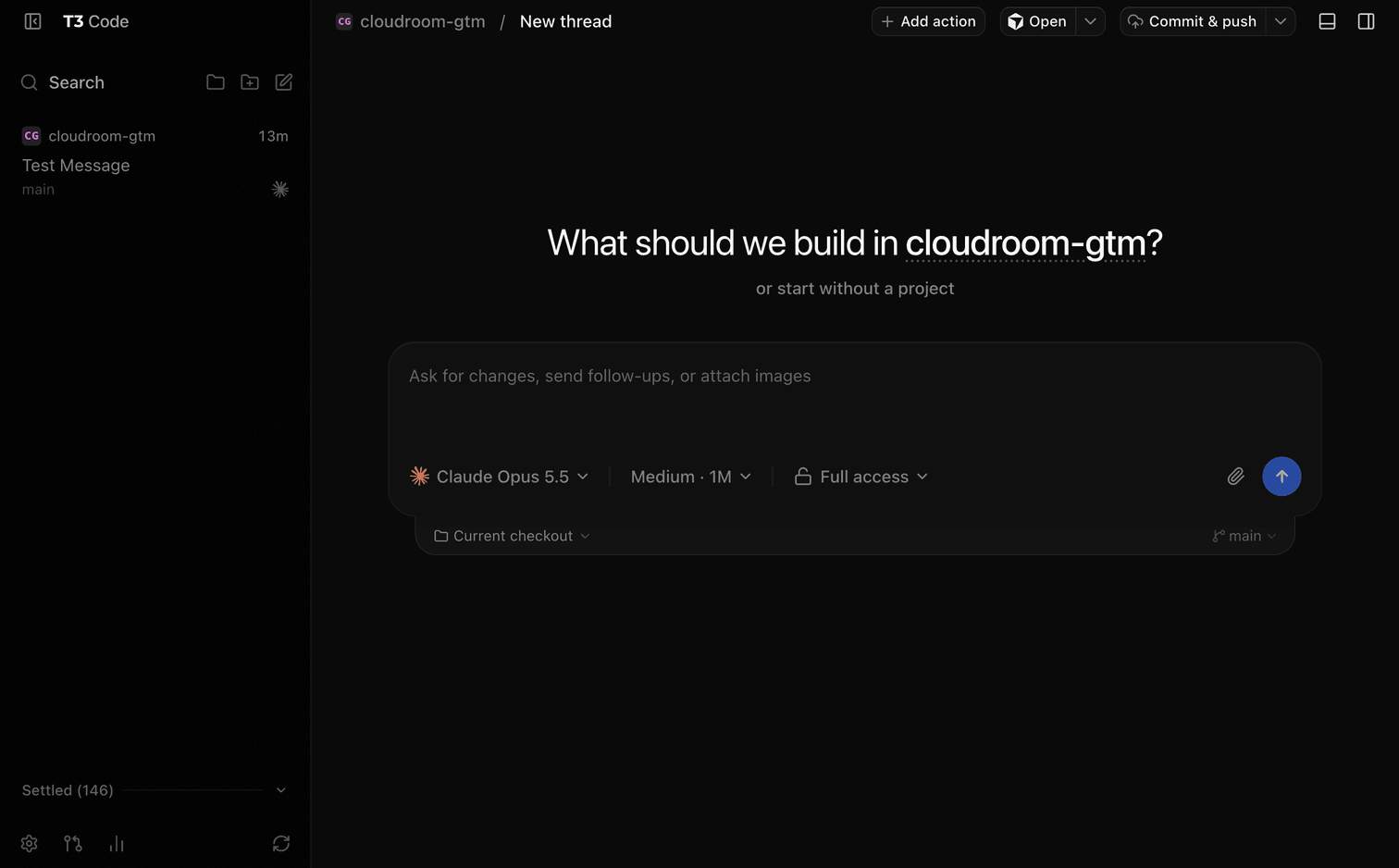 The T3 Code main view packs top bar actions, a left sidebar, a composer, and 2 panel toggles into one screen.
