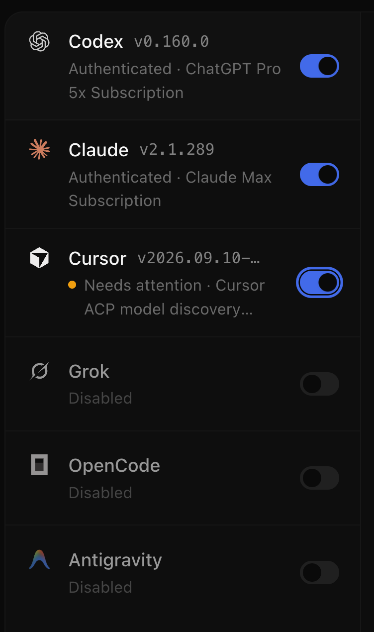 T3 Code shows detected CLI versions and subscriptions for Codex and Claude, while Cursor shows a warning.