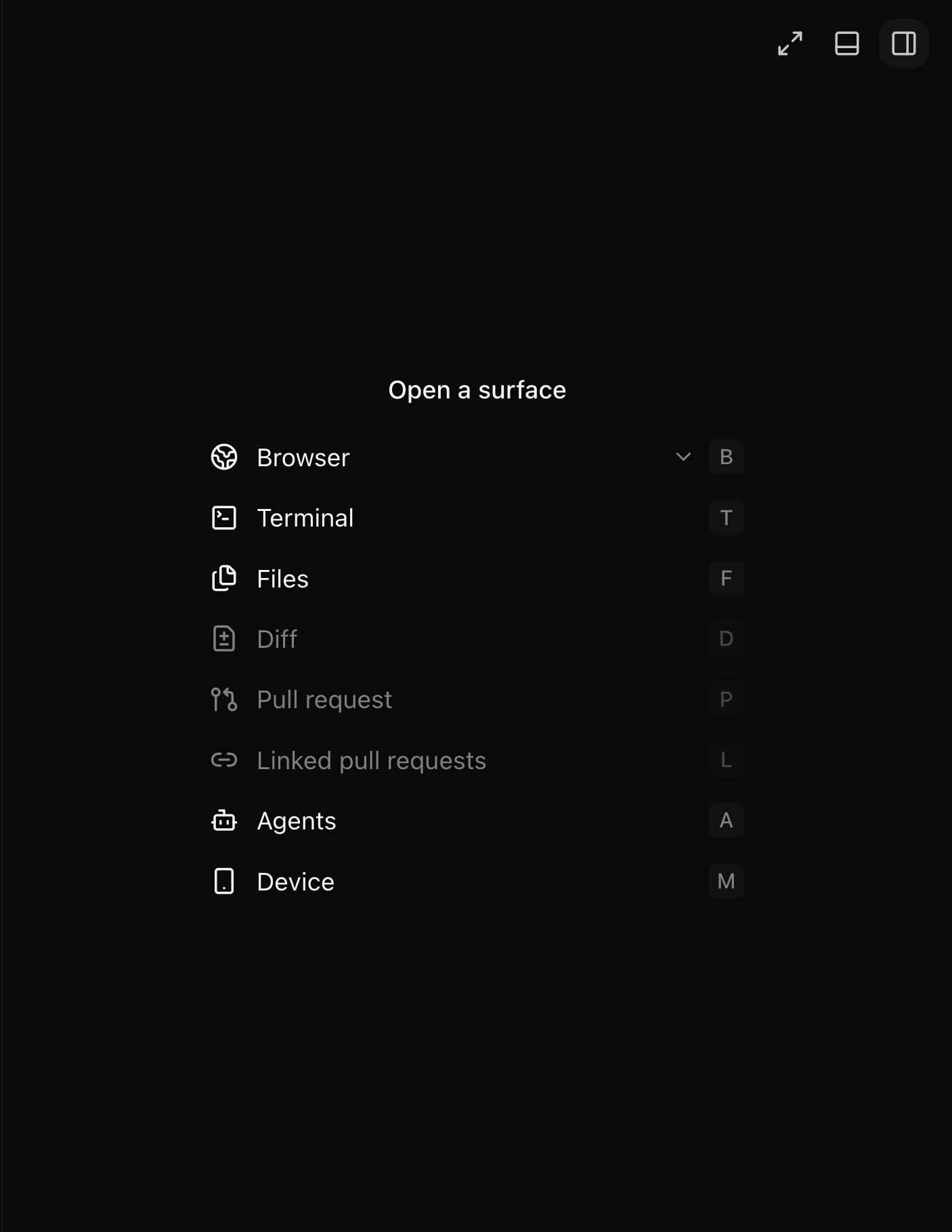 The right sidebar lists 8 surfaces, and the single-letter shortcuts next to them did nothing in my test.