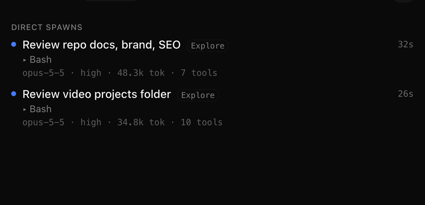 The subagent list shows the model, tokens and latest tool, but you cannot open a subagent to see its work.