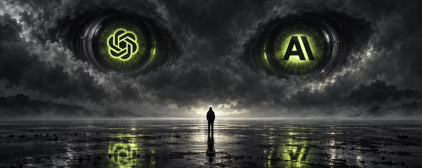 A lone figure on a dark plain under two giant eyes in the storm clouds, marked with the OpenAI and Anthropic logos.